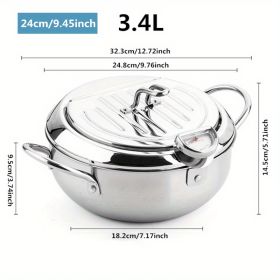 1pc Tempura Deep Fry Pot, Thickened 304 Stainless Steel Tempura Fryer With Thermometer, Japanese Style Tempura Fryer Pan - 3.4L