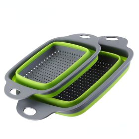 Collapsible Colander Set Of 2; Silicone Square Strainer With Handle For Kitchen Food Draining Pasta Vegetable Fruit And Meat - Green Set (1 Large + 1