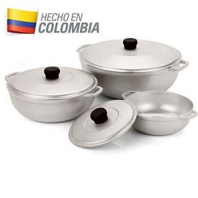 3Pieces Colombian Cast Aluminum Caldero or Dutch Oven Set with Lid - Silver